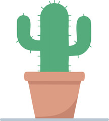 Vector Flat Design of Potted Cactus with Bright Green Arms and Simple Cylindrical Clay Pot