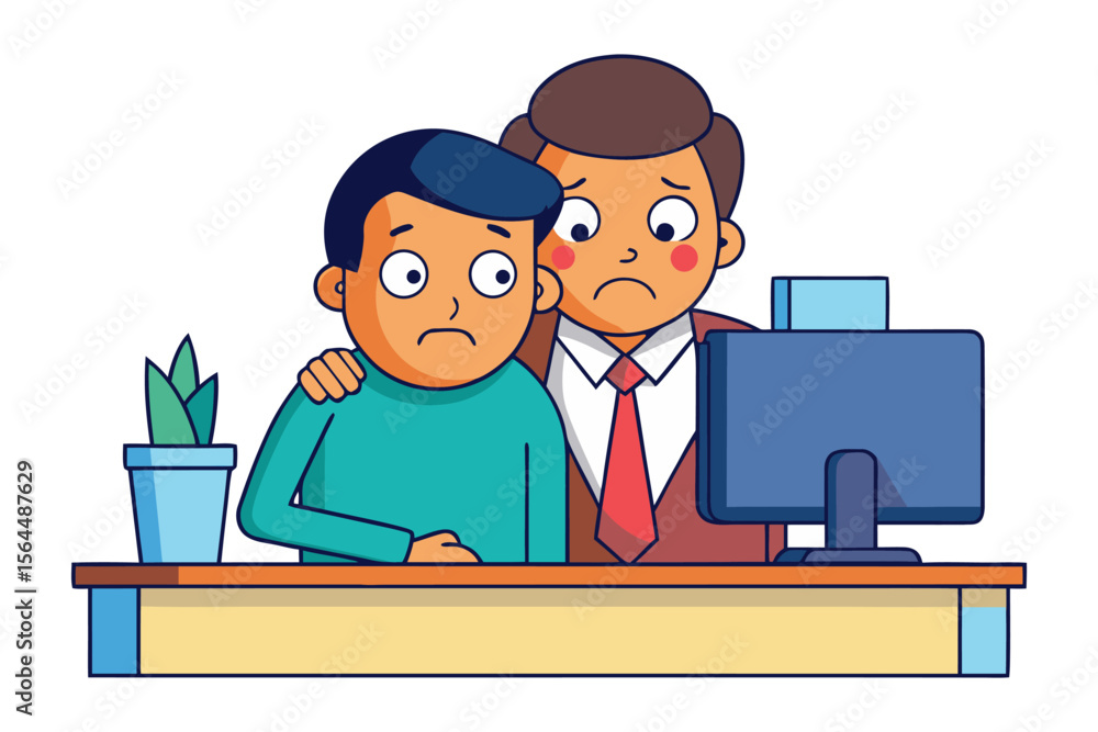 Poster worried colleagues share a moment of concern while looking at a computer screen together at their of