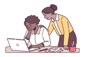 A supportive colleague offers comfort and encouragement to a distressed coworker struggling with work at a computer desk