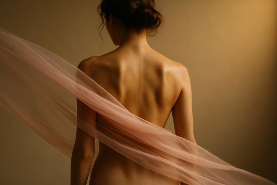 Sensual Woman’s Bare Back with Sheer Pink Fabric, Artistic Nude