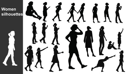 Women silhouette set. Containing walking, sitting, pointing, talking, running, casual, professional, mobile use, standing poses, and more.