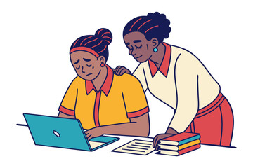 A supportive colleague offers comfort and encouragement to a stressed employee struggling with tasks at a desk with a laptop and books