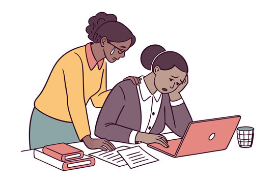 Woman comforting crying colleague at desk with laptop and books showing empathy and support during difficult work situation