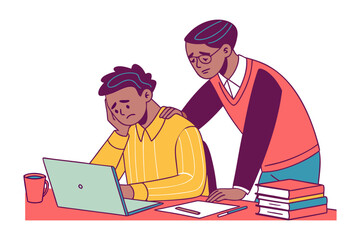 A supportive colleague offers comfort and encouragement to a distressed coworker struggling with tasks at their desk with a laptop and books