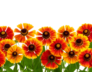 Seamless Border with Vibrant Helenium Flowers and Foliage, isolated on a transparent background.