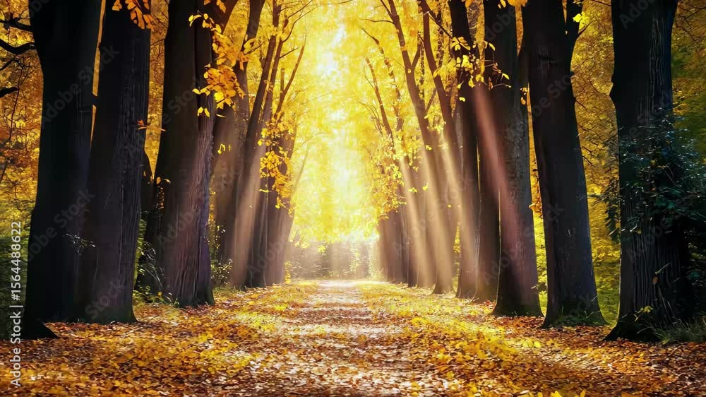 Poster sunlit autumn forest path lined with fallen leaves creating a serene nature experience, sunlit autum