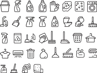 Household Cleaning Line Icons Set, Editable Vector Symbols for Home Hygiene, Tools, and Daily Cleaning Tasks 