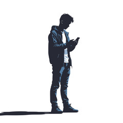Silhouette of teenage boy using smartphone on white background