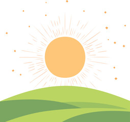 Vector Peaceful Sunrise Over Curved Green Hills with Radiating Light and Minimalist Aesthetic
