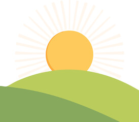 Vector Stylized Sunrise Landscape with Rolling Green Hills and Radiant Yellow Sun in Minimalist Design