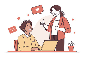 Two smiling colleagues give thumbs up in approval while one works on a laptop symbolizing positive feedback and successful collaboration