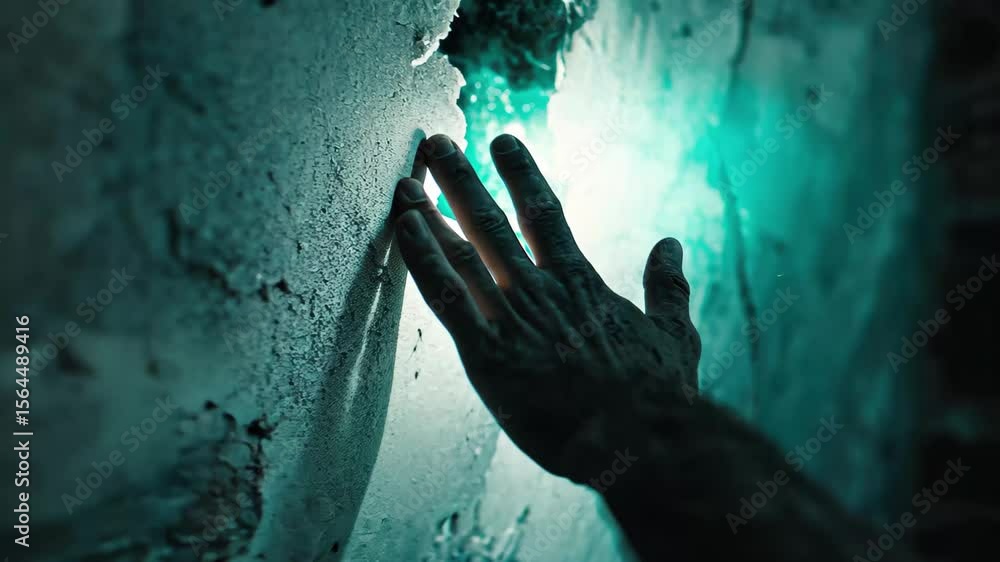 Poster hand breaks through alien wall in futuristic sci-fi setting with glowing light emerging from cracks,