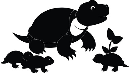 Turtle Family Silhouette Vector Illustration: Mother Turtle with Baby Turtles and Plant