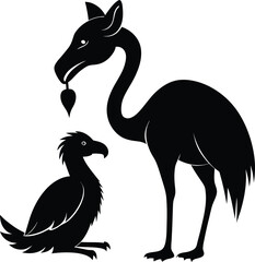 Silhouette Mythical Creatures: Bird with Leaf, Wolf-Headed Crane, Fantasy Art Illustration