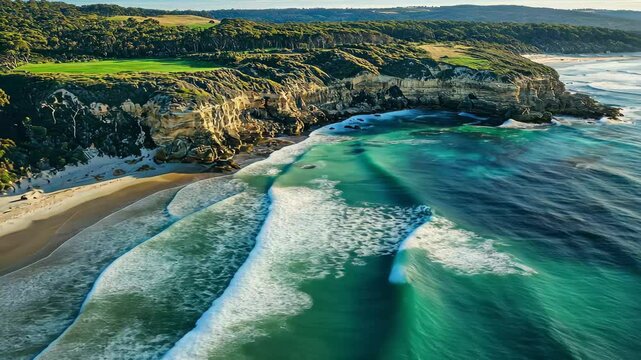 Beautiful aerial view of an Australian beach with ocean waves crashing on the shore, Australia beach aerial view Ocean waves crush on sea shore Victoria nature