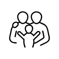 Family icon representation with two adults and one child embracing  
