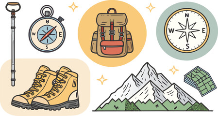 Flat Icon Set of Hiking and Outdoor Trekking Boots, Backpack, Mountain, and Compass in Minimal Style on White Background.