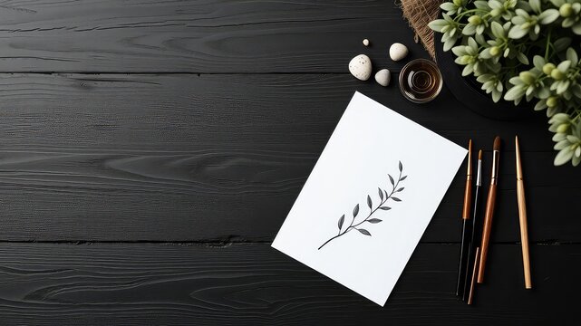 Creative workspace displaying paper with botanical sketch alongside paintbrushes on a dark wooden surface