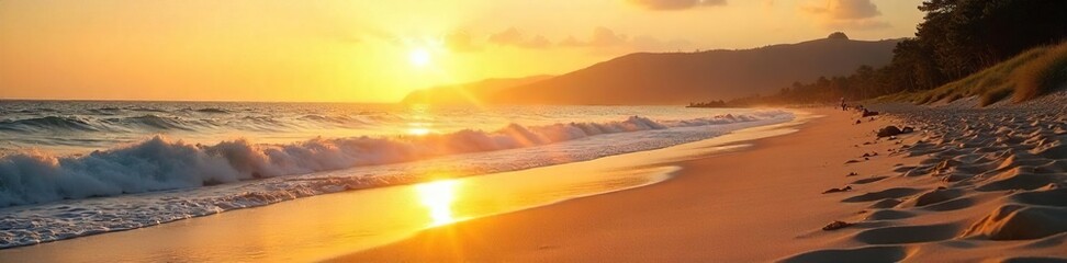 Golden Hour Beach Tranquil Waves and Sandy Shores, Perfect for Relaxation and Summer Vacation