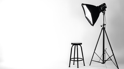 Studio setup with softbox lighting on stand and a stool against white background