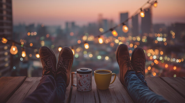 Friends enjoying coffee on a rooftop at sunset with city view - Powered by Adobe