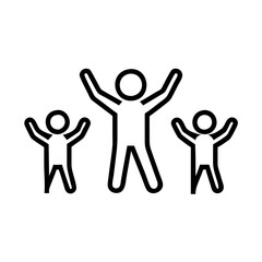 Three stick figures celebrating with arms raised in joyful expression  