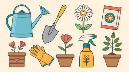 Flat Icon Set of Gardening and Plant Care Watering Can, Trowel, Seed Packet, and Flower Pot in Minimal Style on White Background.