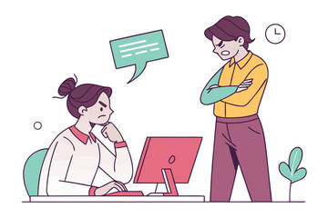 Frustrated colleagues experience workplace conflict and disagreement during a tense office meeting with a supervisor expressing displeasure