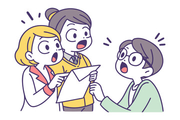 Three surprised cartoon characters react with shock and amazement while looking at a document together