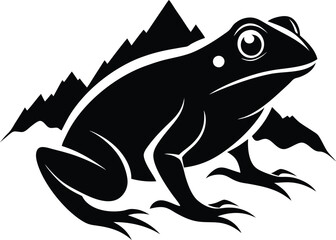 Black and White Frog Silhouette with Mountain Backdrop Vector Graphic Illustration