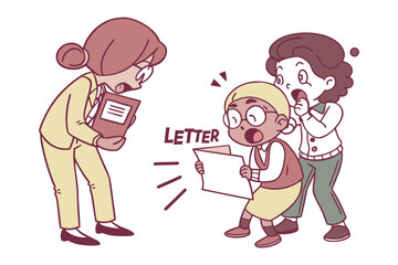 Astonished teacher and students react to shocking letter content expressing surprise and disbelief