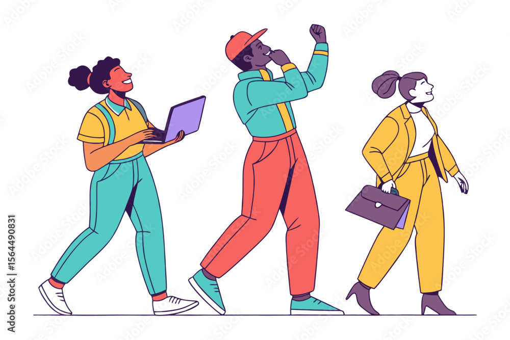 Poster diverse group of people walking forward with laptops and briefcases symbolizing progress collaborati
