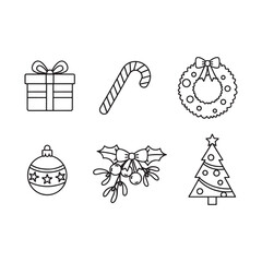 Fototapeta premium Collection of christmas icons featuring gift wreath candy cane ornament mistletoe and tree silhouette isolated on white background Art & Illustration