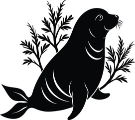 Black Silhouette Seal Illustration with Seaweed, Marine Animal Art, Vector Graphic