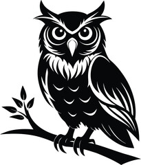 Obraz premium Black and White Owl Illustration: Detailed Vector Graphic of Bird Perched on Branch