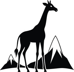 Giraffe Silhouette with Mountains Black and White Vector Illustration Wildlife Art