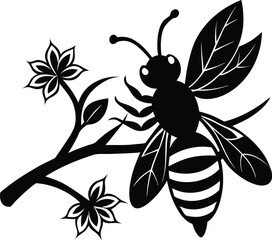 Black and White Bee on Flower Branch Vector Illustration - Nature Insect Art