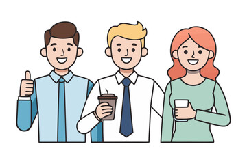 Three diverse smiling colleagues in business attire two men and one woman enjoying coffee and a thumbs up gesture representing teamwork and success