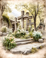 Fototapeta premium German Mourning Tradition with Candlelit Graves Peaceful cemetery with flowers and stone crosses. Silent Cemetery Scene on Totensonntag Spiritual Autumn Tribute for Loved Ones Passed