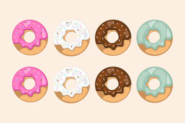 Collections of glazed donuts, also commonly spelled doughnuts, in various flavors and colors with colorful sprinkles, on beige background. 