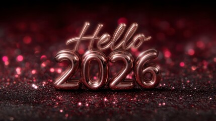 3D Hello 2026 numbers in a glittery red background with a glittery texture and a bokeh effect against a dark red background representing the new year concept. Festive digital