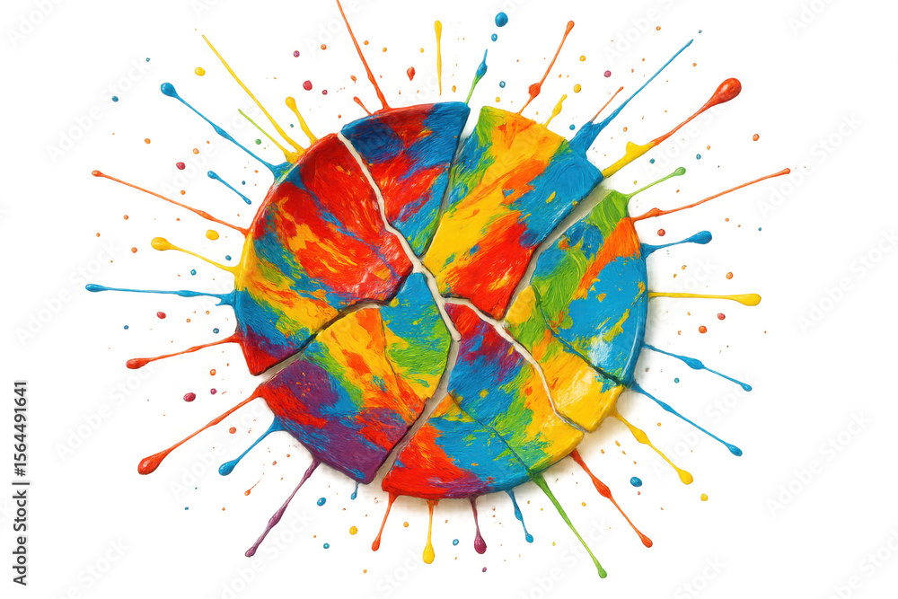 Poster vibrant circular design fragmenting with dynamic paint splashes spreading radially, representing art