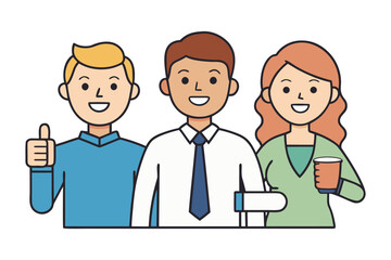 Diverse group of three smiling cartoon professionals one giving a thumbs up and another holding a coffee cup representing teamwork and success