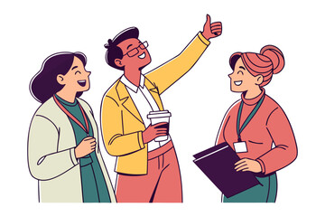 Diverse team members celebrating success with a thumbs up and coffee showcasing positive collaboration and achievement in a modern workplace