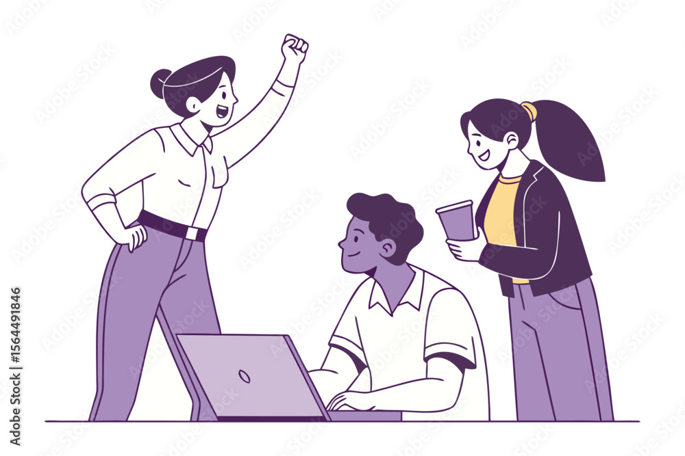 Poster diverse team celebrates success with a raised fist and smiles while collaborating on a laptop in a m