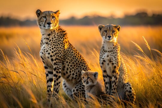 A cheetah mother and her two cubs sit in tall grass at sunset