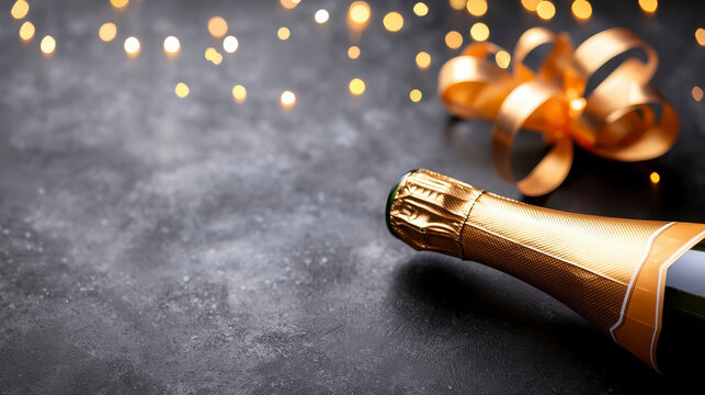 Bottle of champagne with a gold ribbon tied around it. A celebratory drink elegantly adorned with a luxurious golden band perfect for a momentous occasion a symbol of joy and festivity