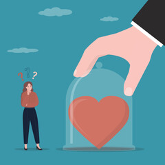 Love, romance or anchoring in past concept, closed up of red heart inside the glass jar. Unhappy girlfriend. design can be used as no freedom for relationship concept or banner.