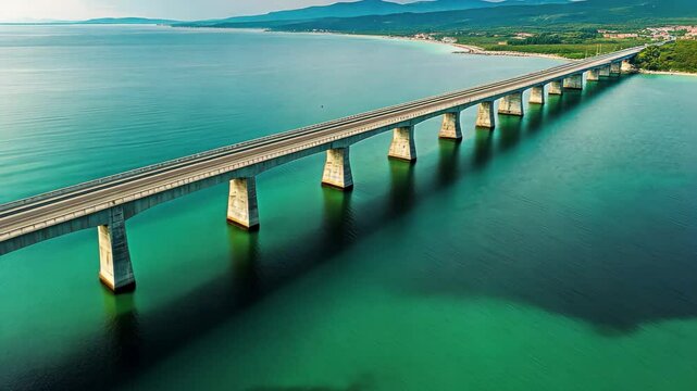 Stunning aerial view of Krk Bridge spanning the turquoise sea and connecting islands in Croatia, Krk Bridge over the sea, aerial shot
