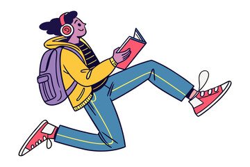 Energetic young person with headphones and backpack joyfully reading a book while walking or jumping with a bright stylized illustration